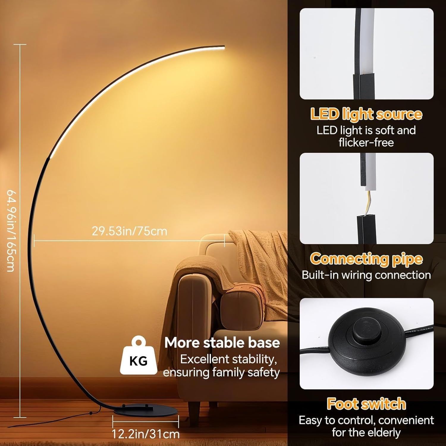 RGB Arc Floor Lamp LED Dimmable App Remote 165cm Colour Changing Light