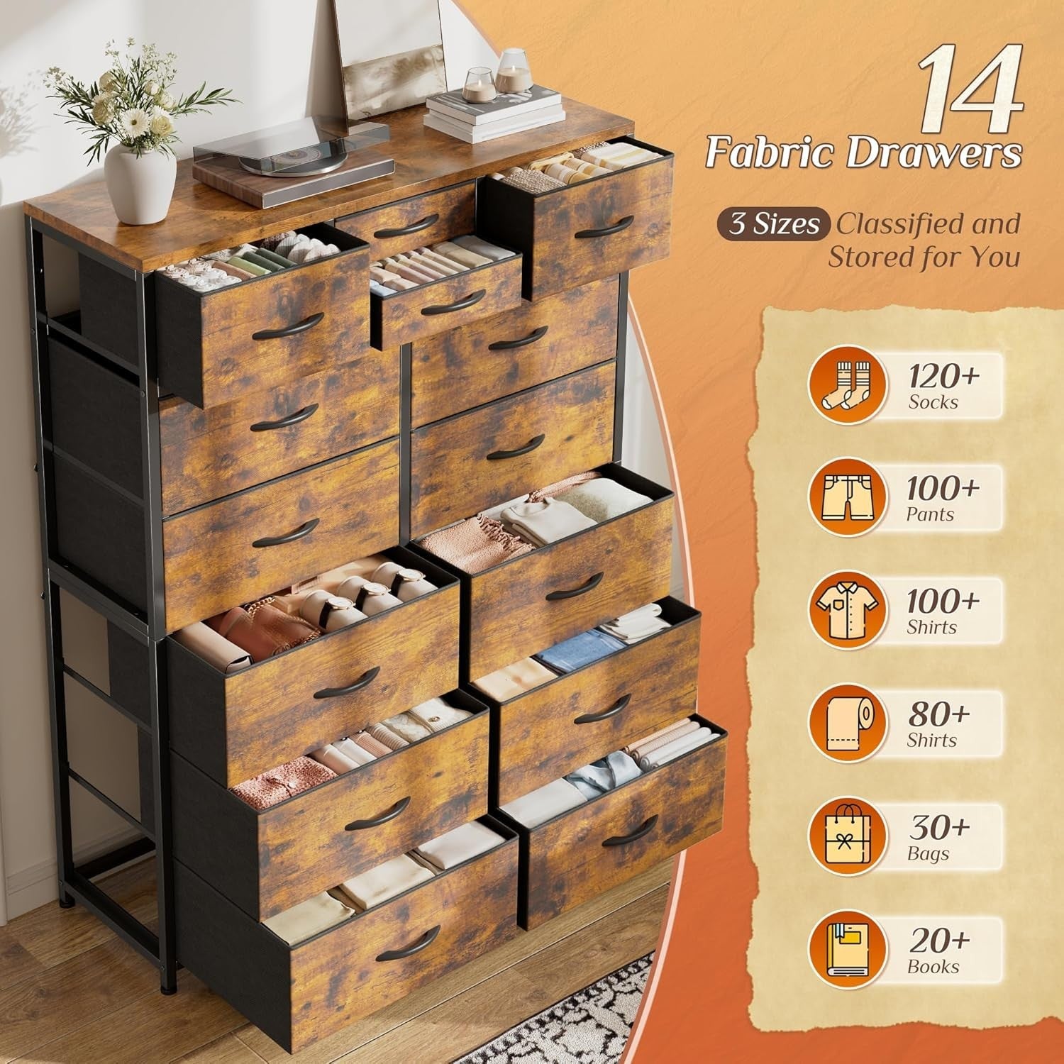 Tall Chest of Drawers 14 Fabric Storage Units Rustic Wood Metal Frame