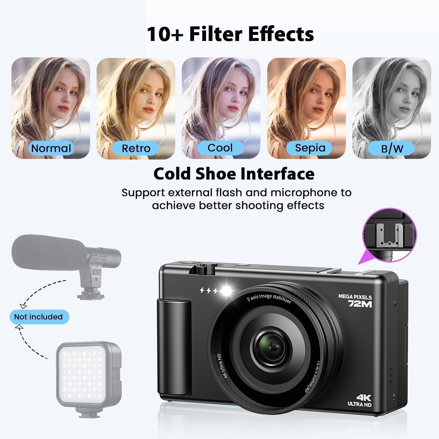 4K 72MP Vlogging Camera Flip Screen Zoom Travel Camera 64GB