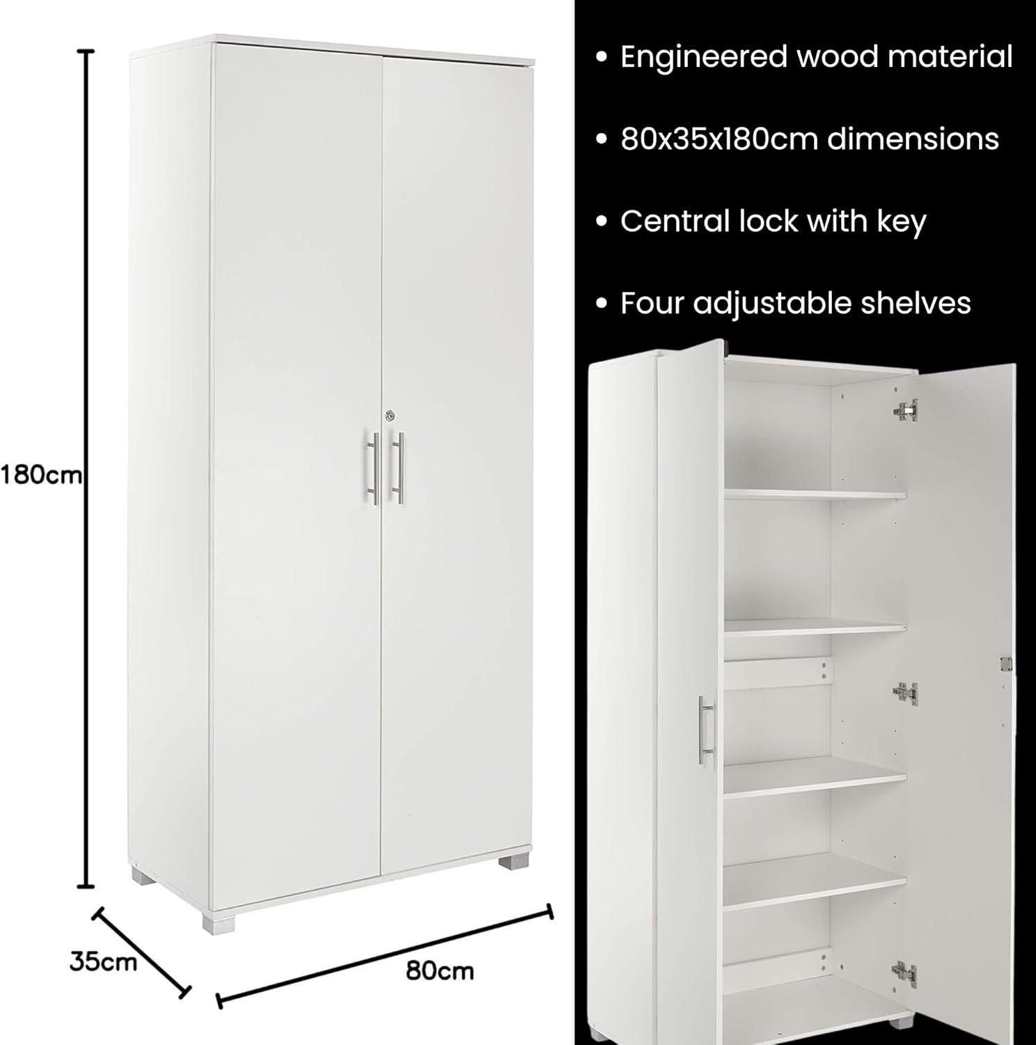 Tall White Storage Cupboard 2 Door Lockable Cabinet with 4 Shelves Office