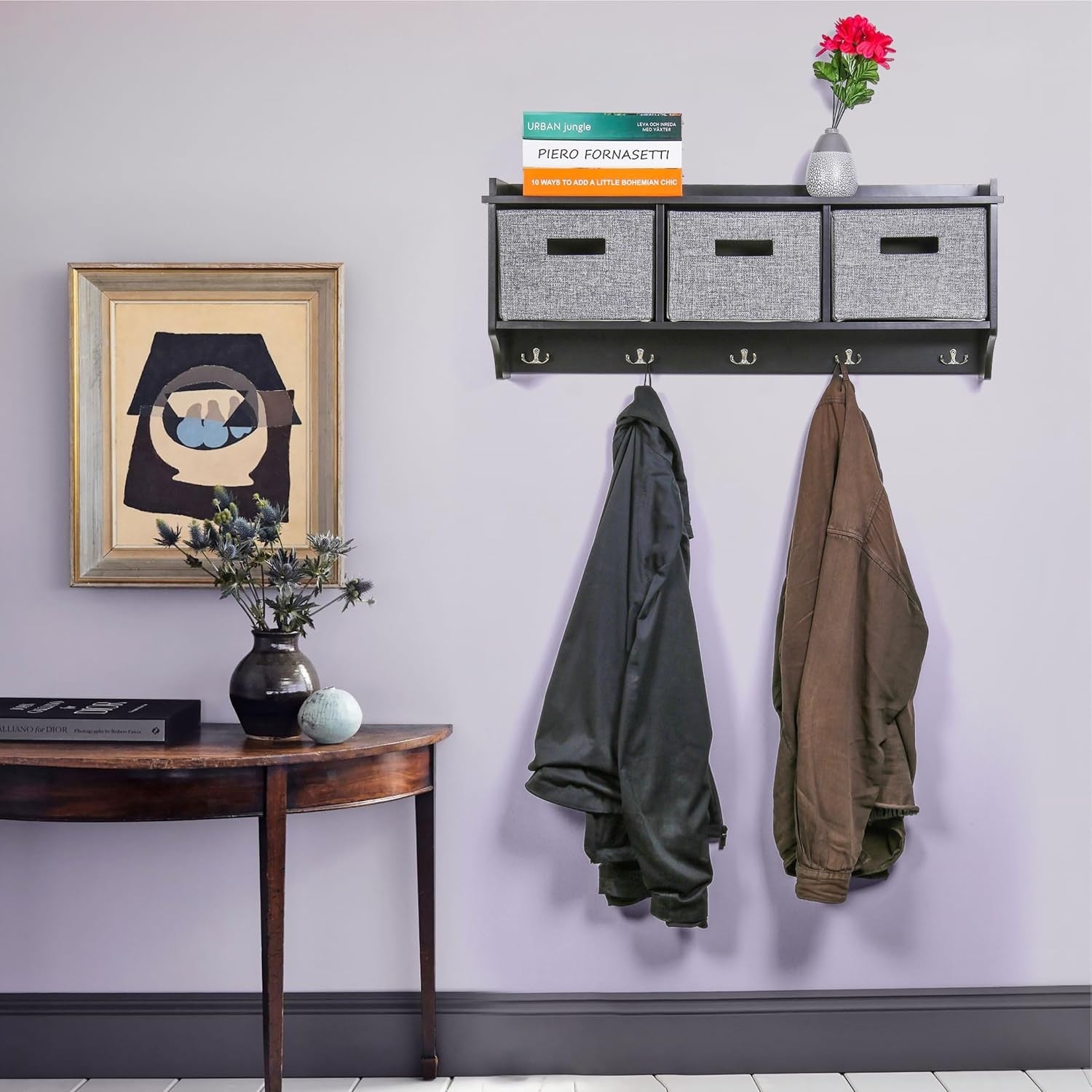 Black Wall Mounted Coat Rack | 5 Hooks & 3 Fabric Baskets Hallway Shelf