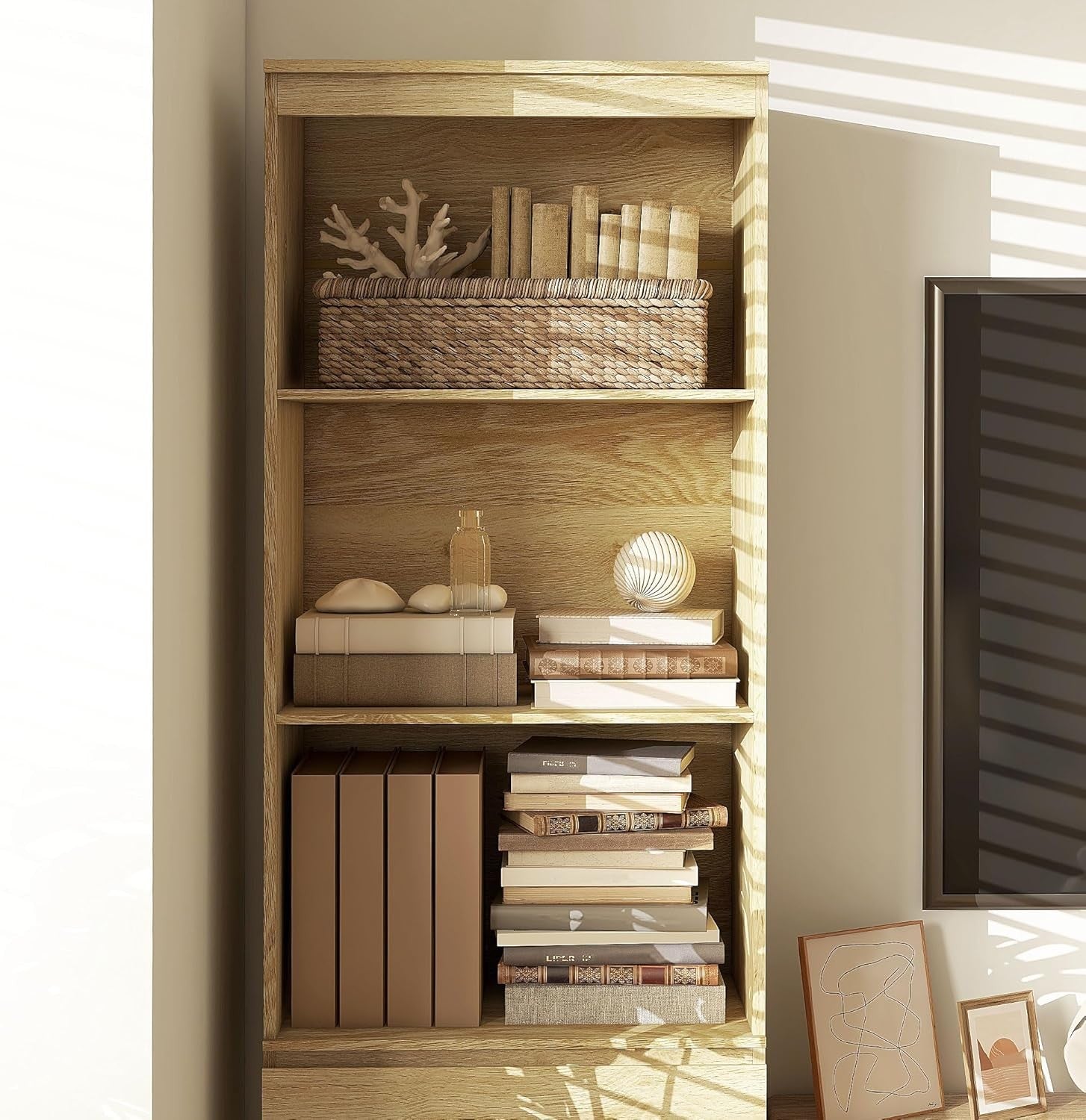 Tall Oak Bookcase with Drawers 180cm Slim Storage Shelf Modern Display Unit