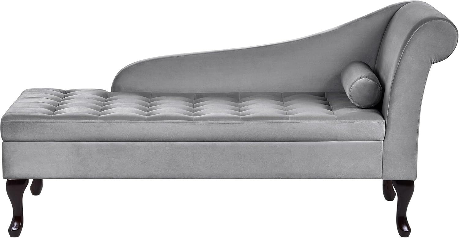 Grey Velvet Storage Chaise Lounge Right-Hand Sofa Seat 133cm Retro Style