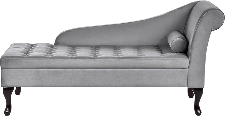 Grey Velvet Storage Chaise Lounge Right-Hand Sofa Seat 133cm Retro Style