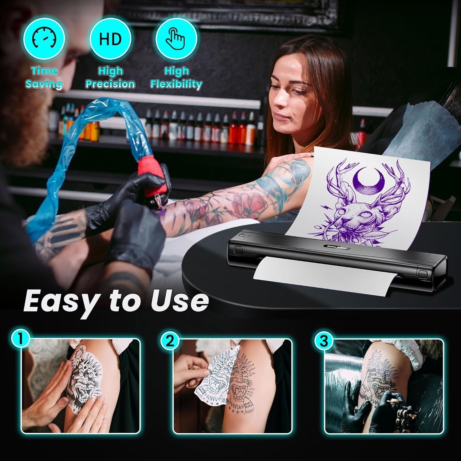 Black Tattoo Stencil Printer Wireless Thermal Tattoo Machine for Artists
