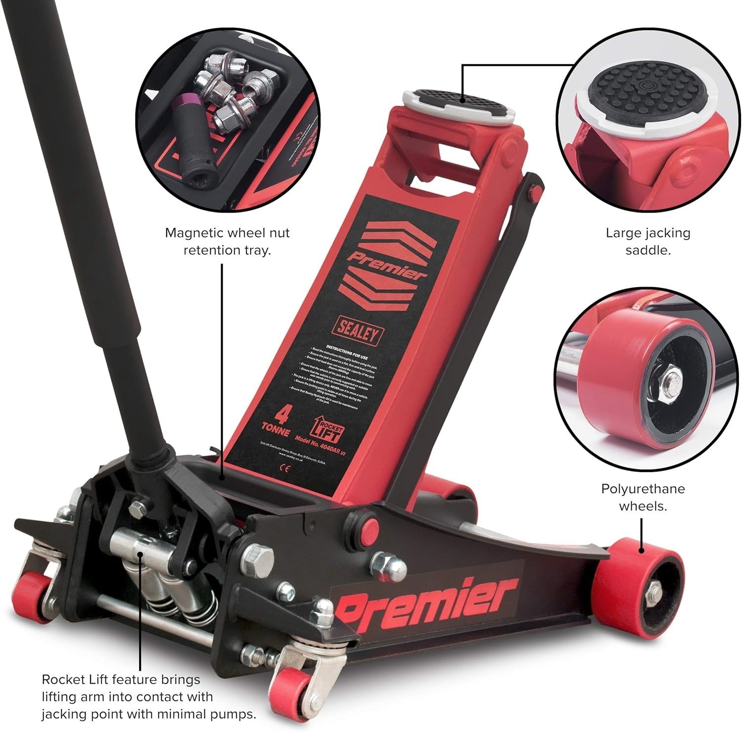 4 Ton Low Profile Hydraulic Trolley Jack 100–533mm Rocket Lift Heavy Duty Red