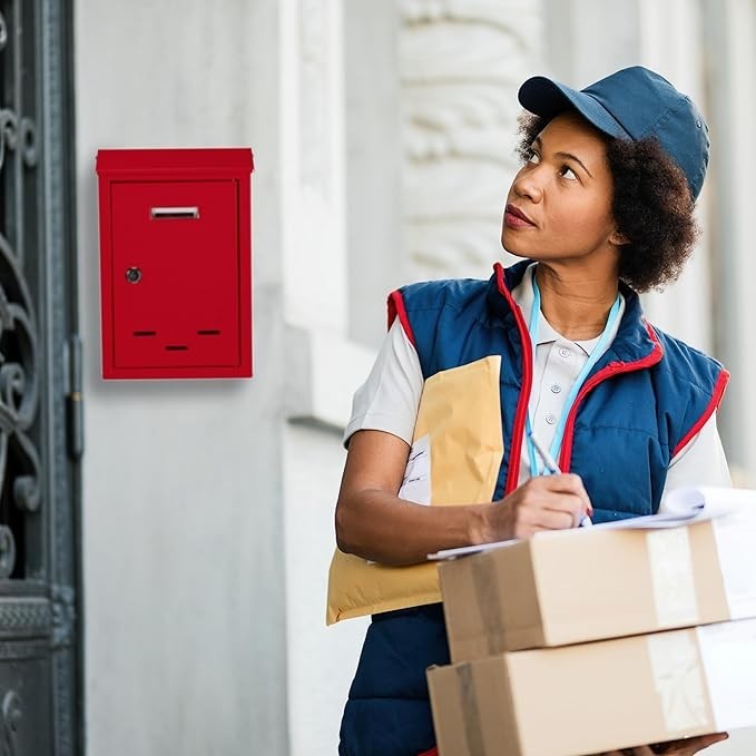 Lockable Wall Letterbox with Keys Compact Iron Post Box Red Slim Design