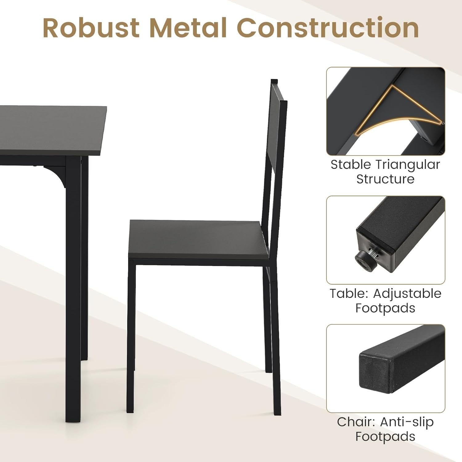 4 Seater Dining Table Set Space Saving Metal Frame Kitchen Room Black