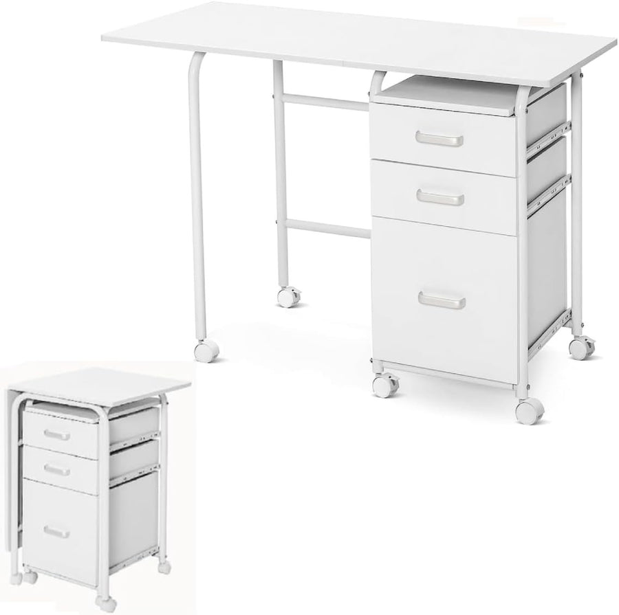 Folding Computer Desk with Wheels & Drawers 105x50x75cm, White