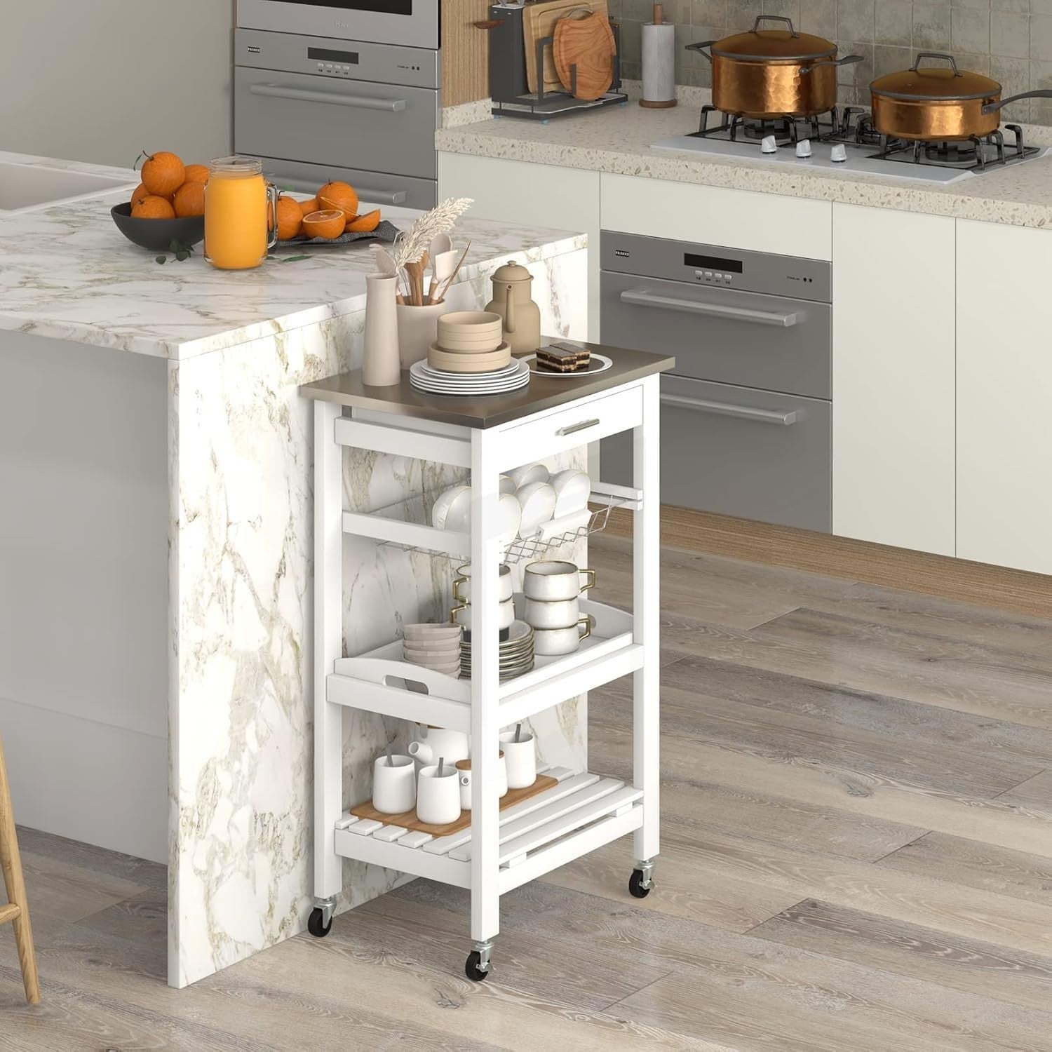 White Kitchen Trolley on Wheels w/ Stainless Steel Top