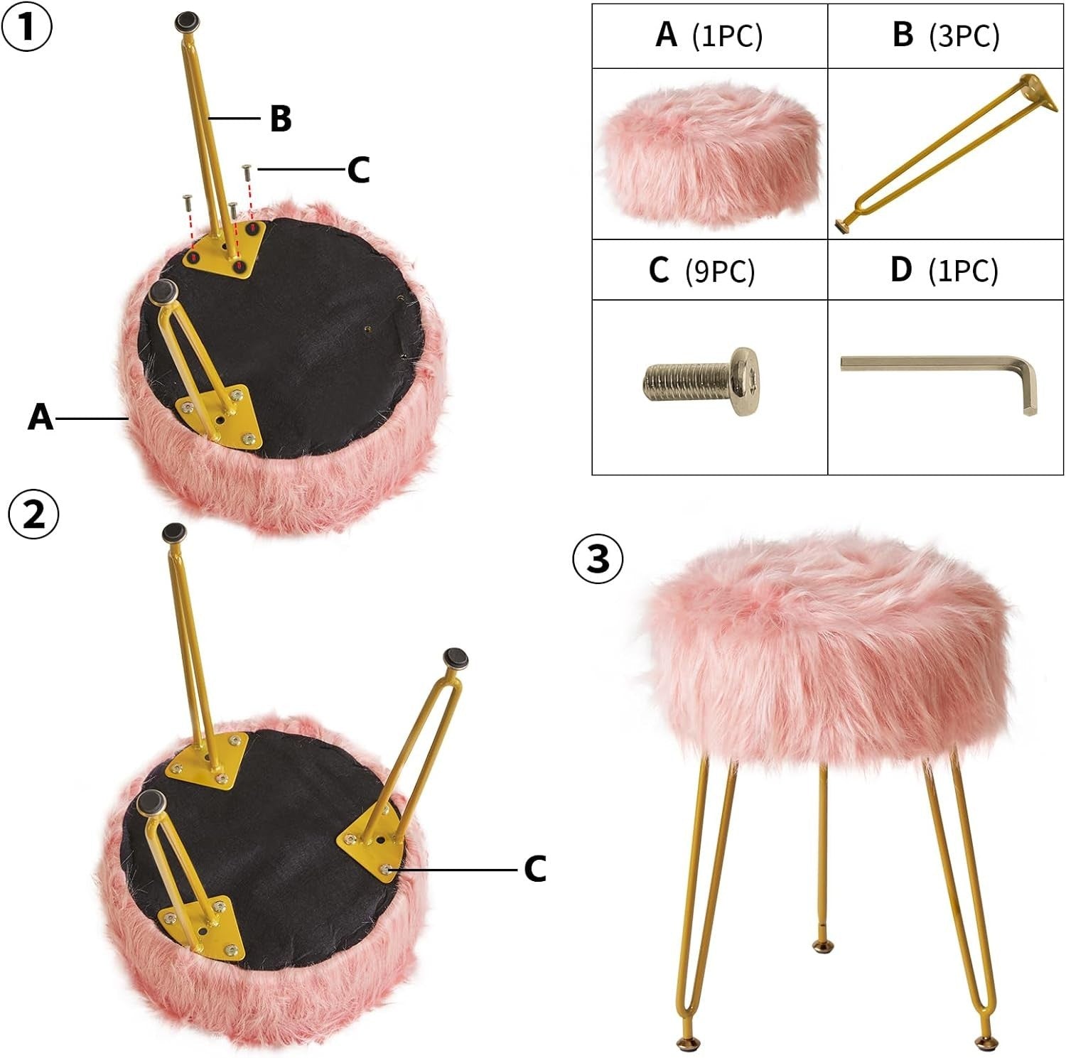 Pink Faux Fur Vanity Stool with Storage – Soft Round Makeup Chair