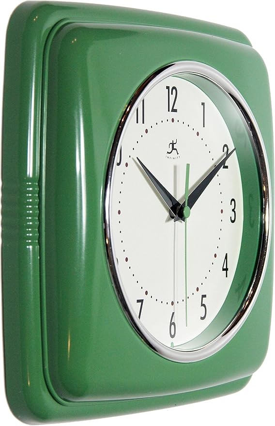 Retro 9in Square Wall Clock Green Silent Sweep Mid-Century Kitchen Diner Decor