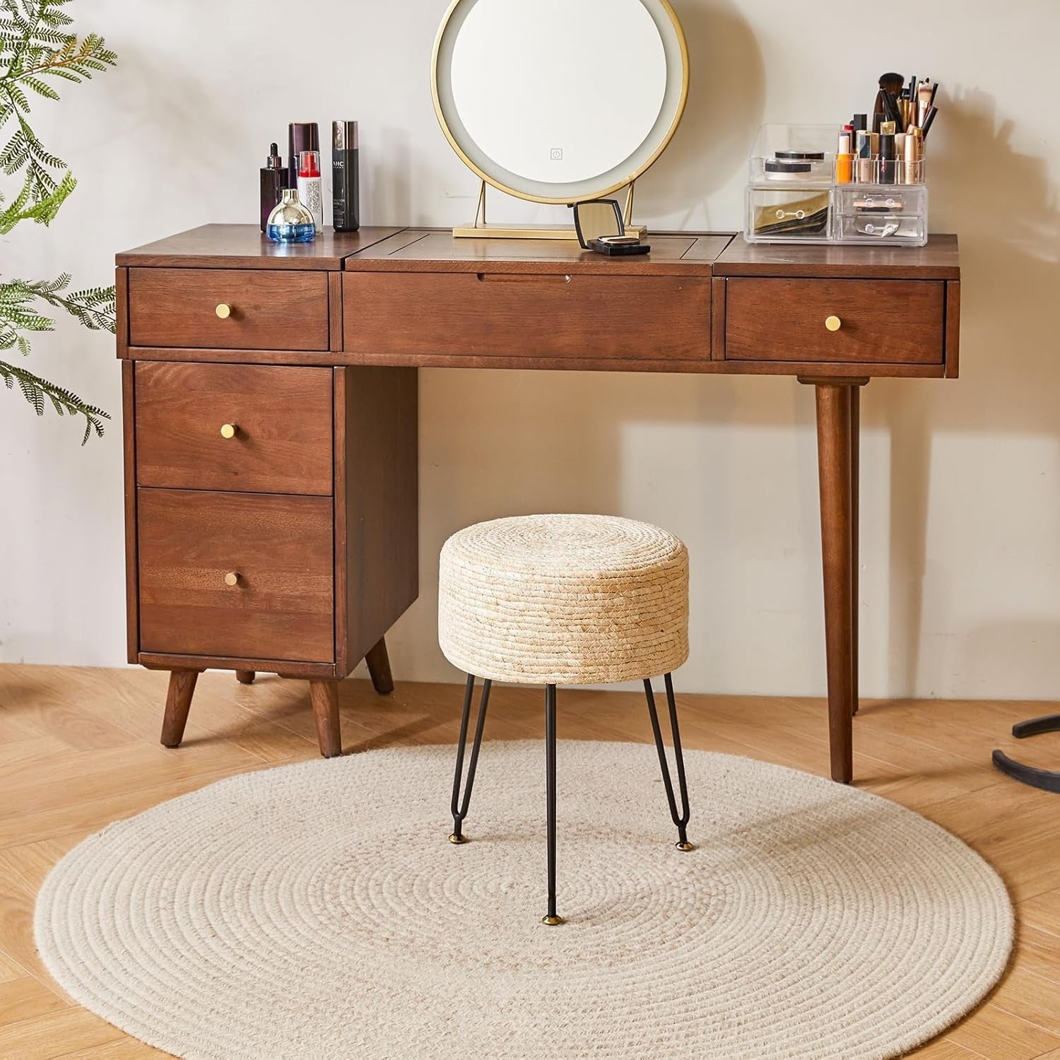 Beige Seagrass Woven Footstool Round Pastoral Stool Metal Legs 32×32×45cm