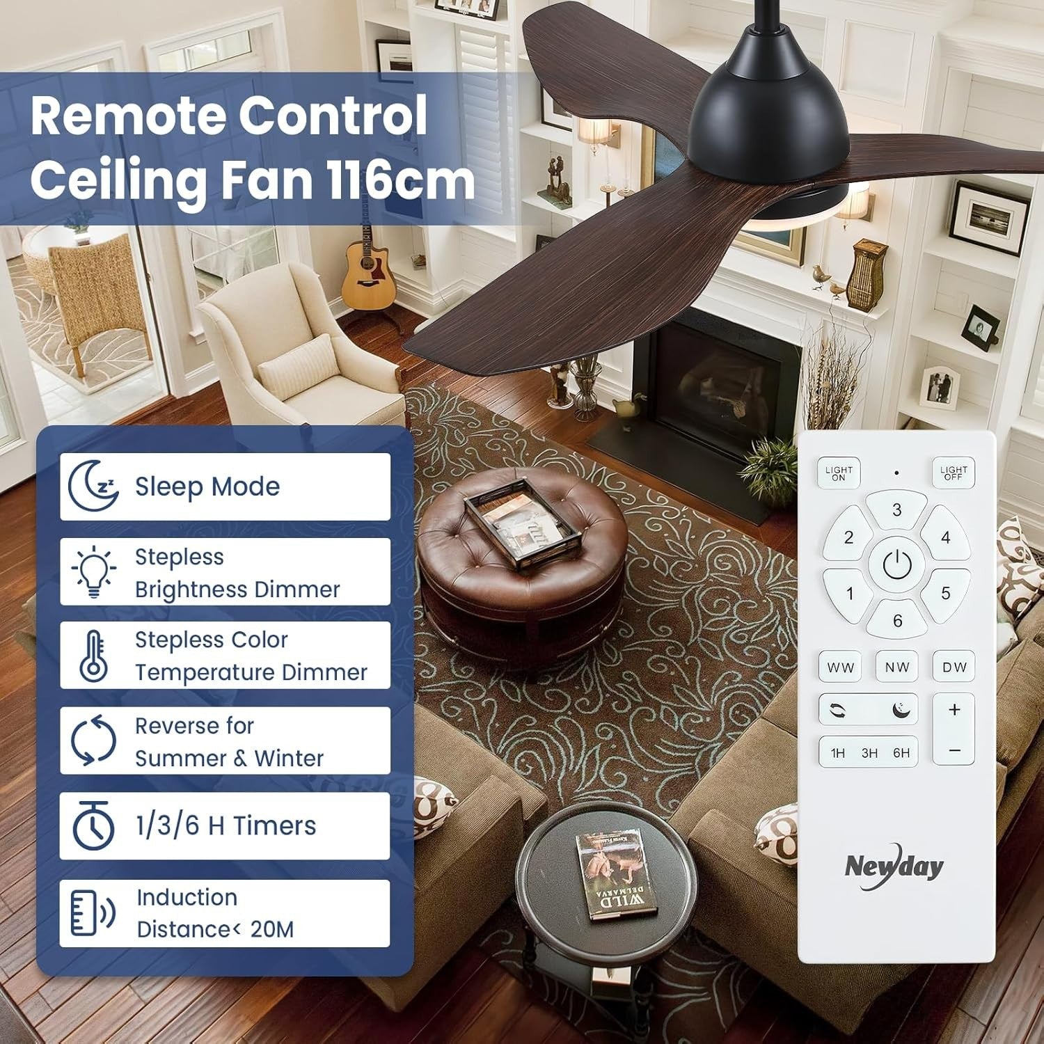 46" Black-Woody Ceiling Fan with Light, 6 Speeds, Remote & Timer, Quiet