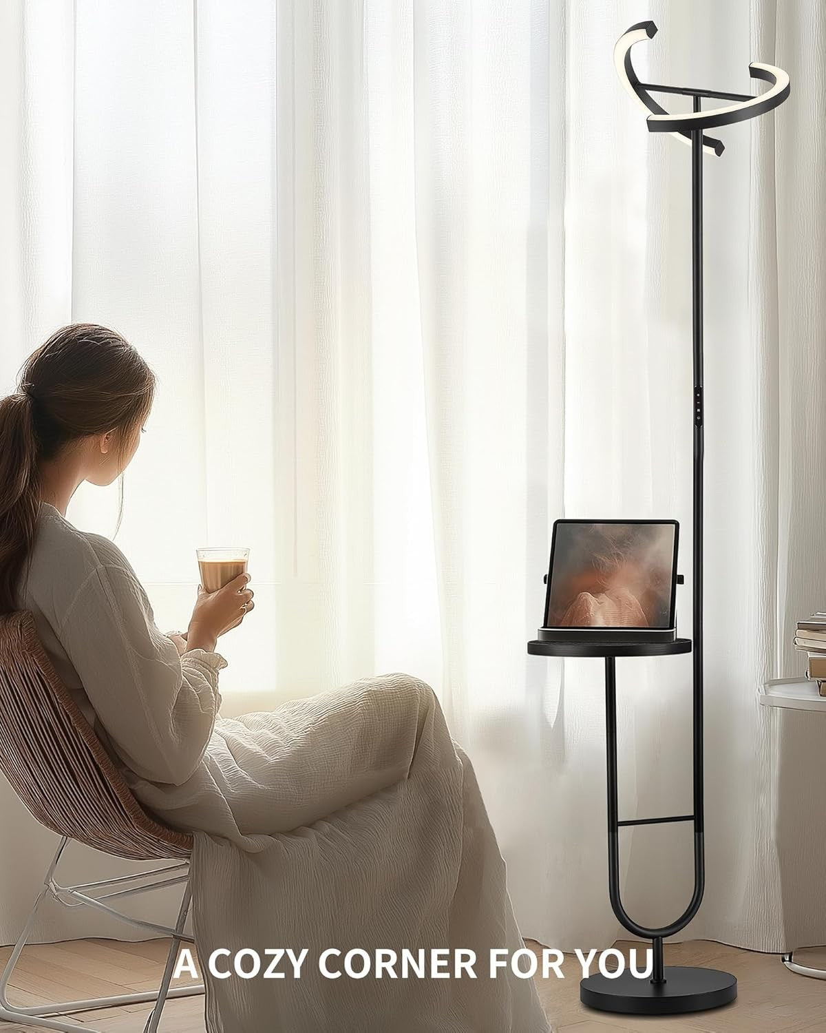 Modern LED Floor Lamp with Shelf & Remote | Dimmable Corner Light