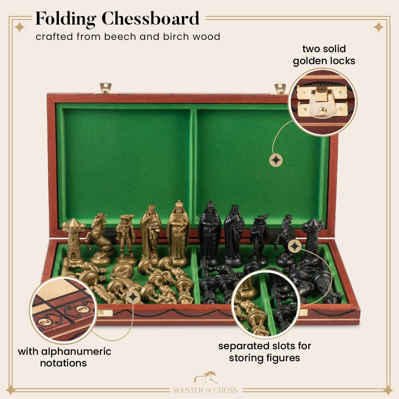 Luxury Medieval Chess Set 42cm Foldable Wooden Board Weighted Pieces Gift