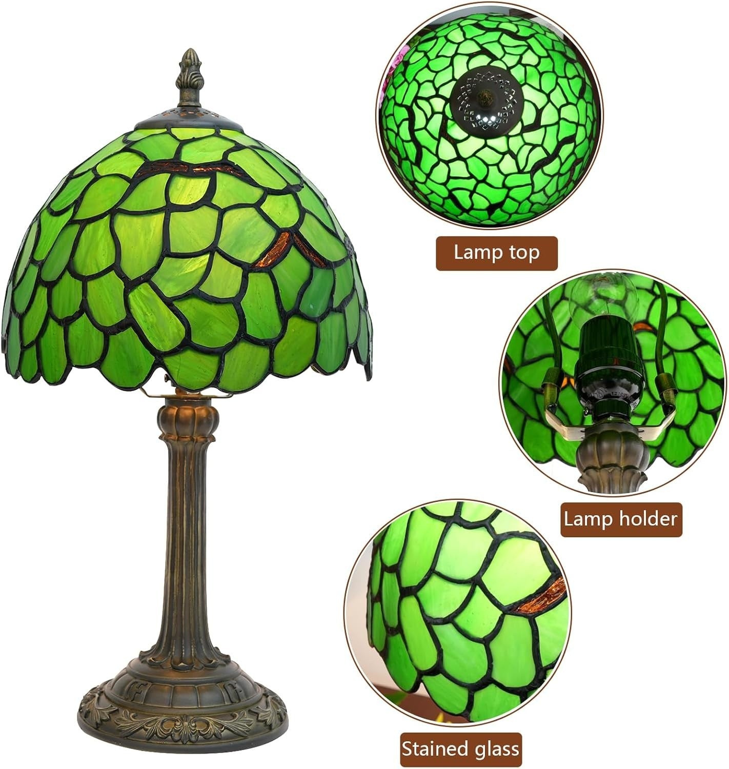 Stained Glass Tiffany Table Lamp Green Leaf 8x14 Inch Desk Light