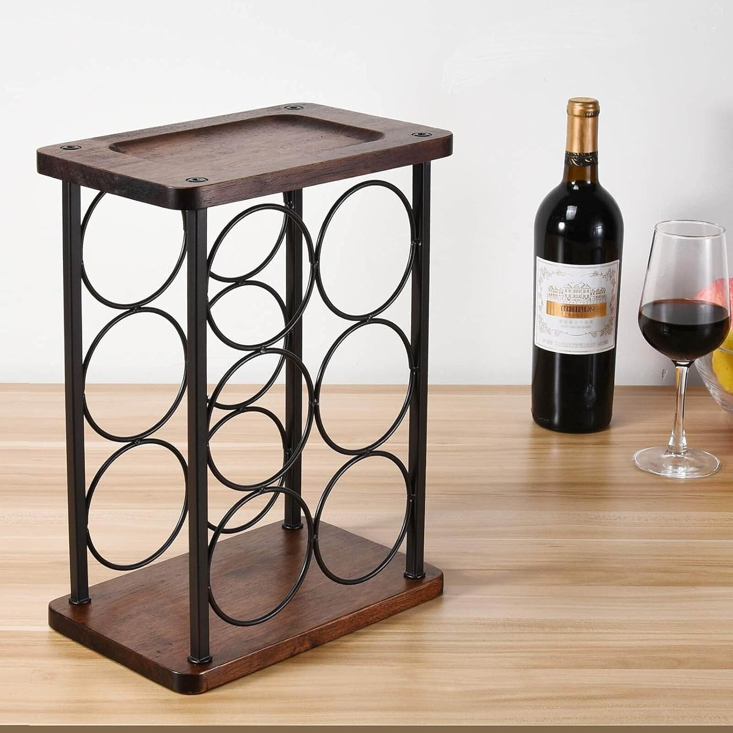 Countertop Wine Rack Holder 6 Bottle Storage Metal & Wood Free Standing Display