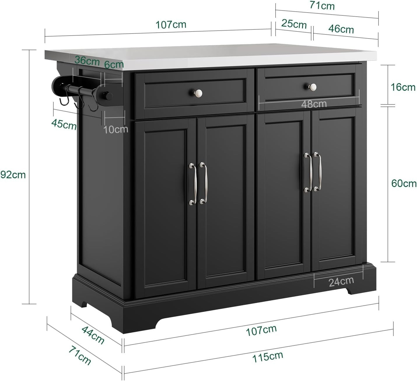 Black Rolling Kitchen Island Extendable Worktop 115cm