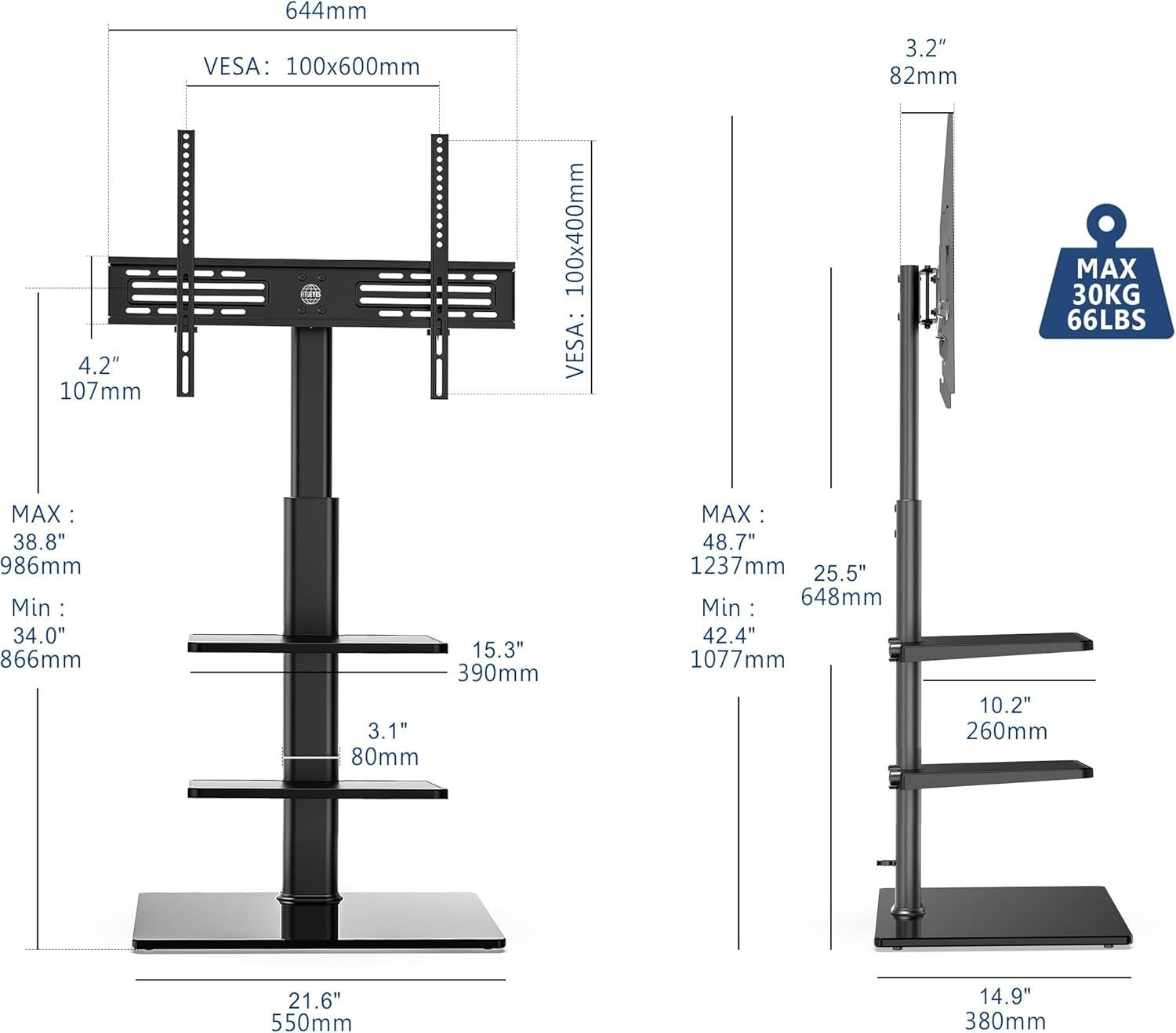 Tall TV Stand 32-60" Floor Mount Swivel Bracket Shelves VESA 30kg