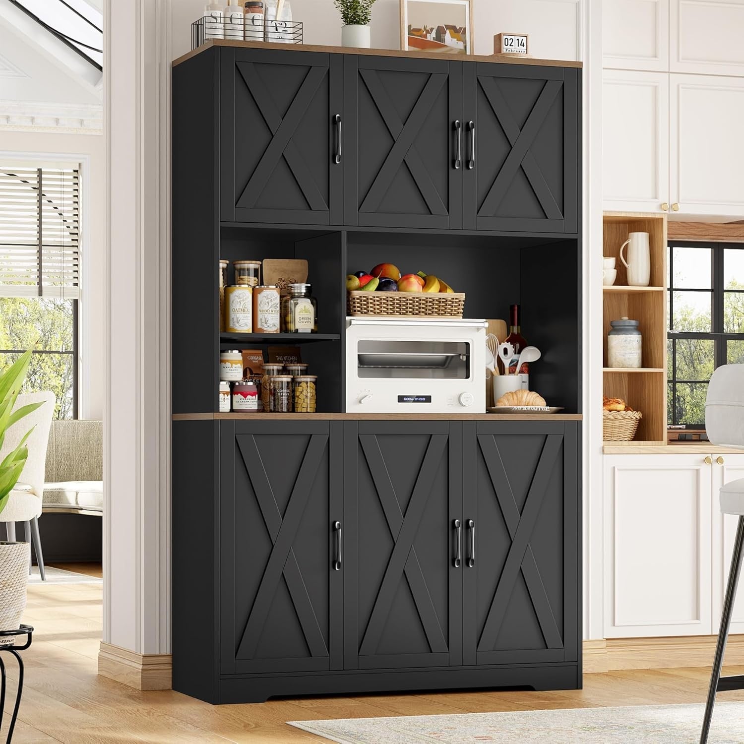 Tall Black Kitchen Cupboard with Wine Rack & Microwave Stand Storage Unit