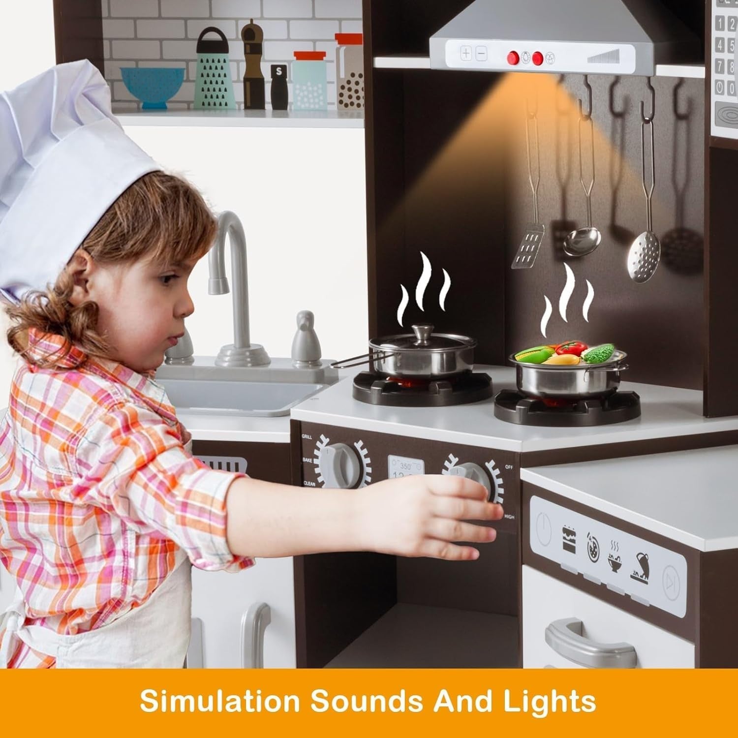 Corner Wooden Kids Play Kitchen Brown Lights Sounds Water Toy Set