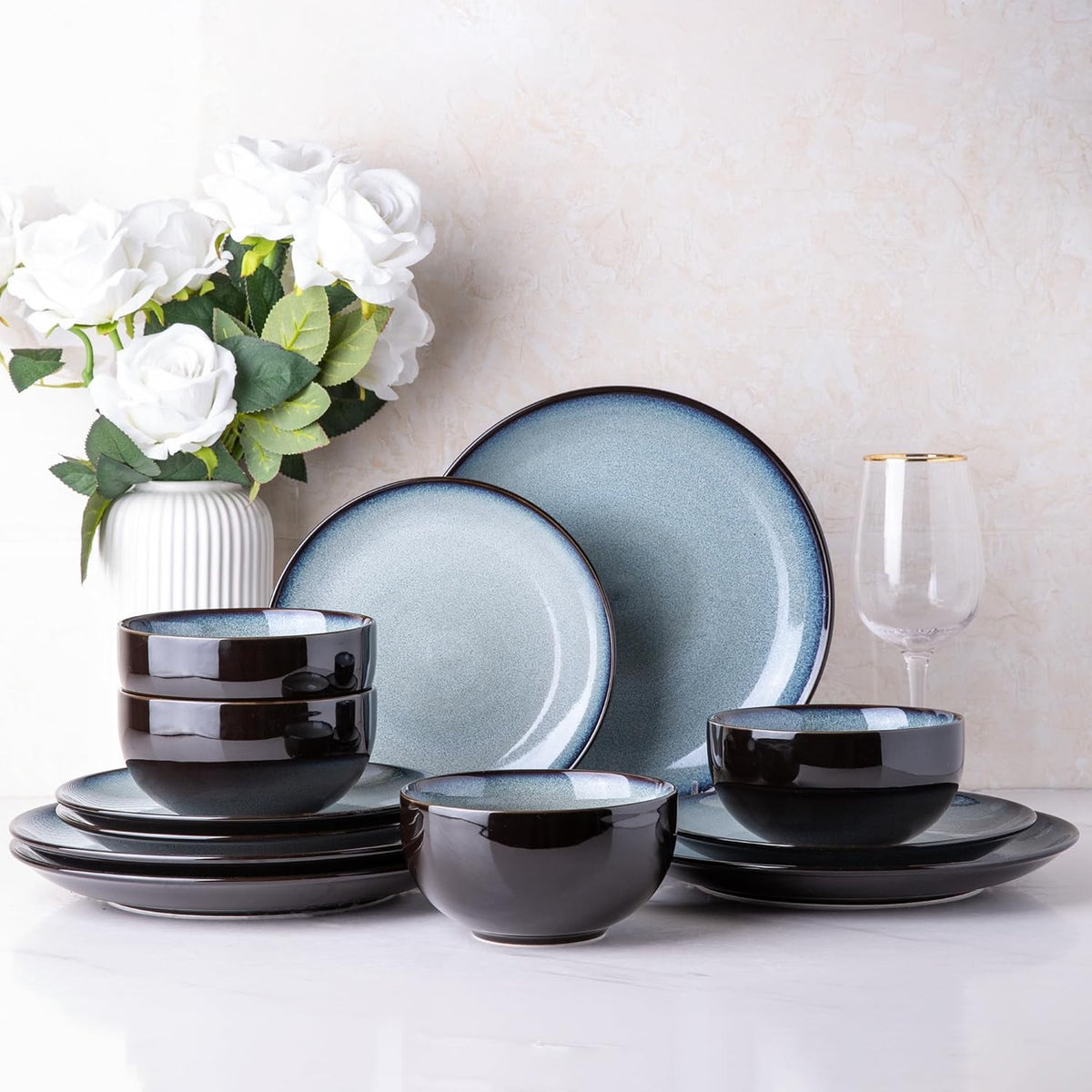 12pc Stoneware Dinner Set Plates Bowls Dishwasher Microwave Safe Blue