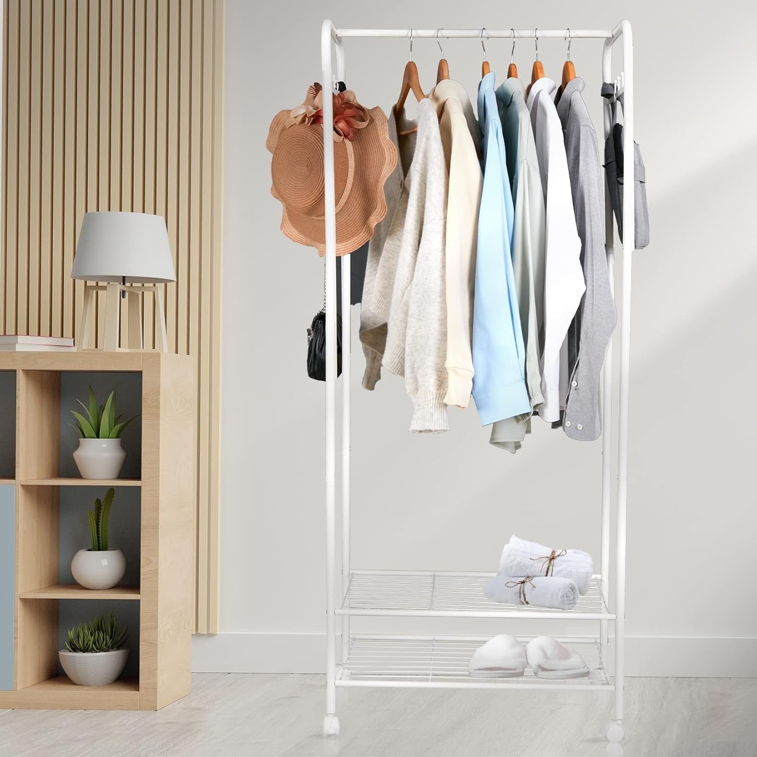 White Metal Clothes Rack with Shelves & Wheels 70x36x152cm