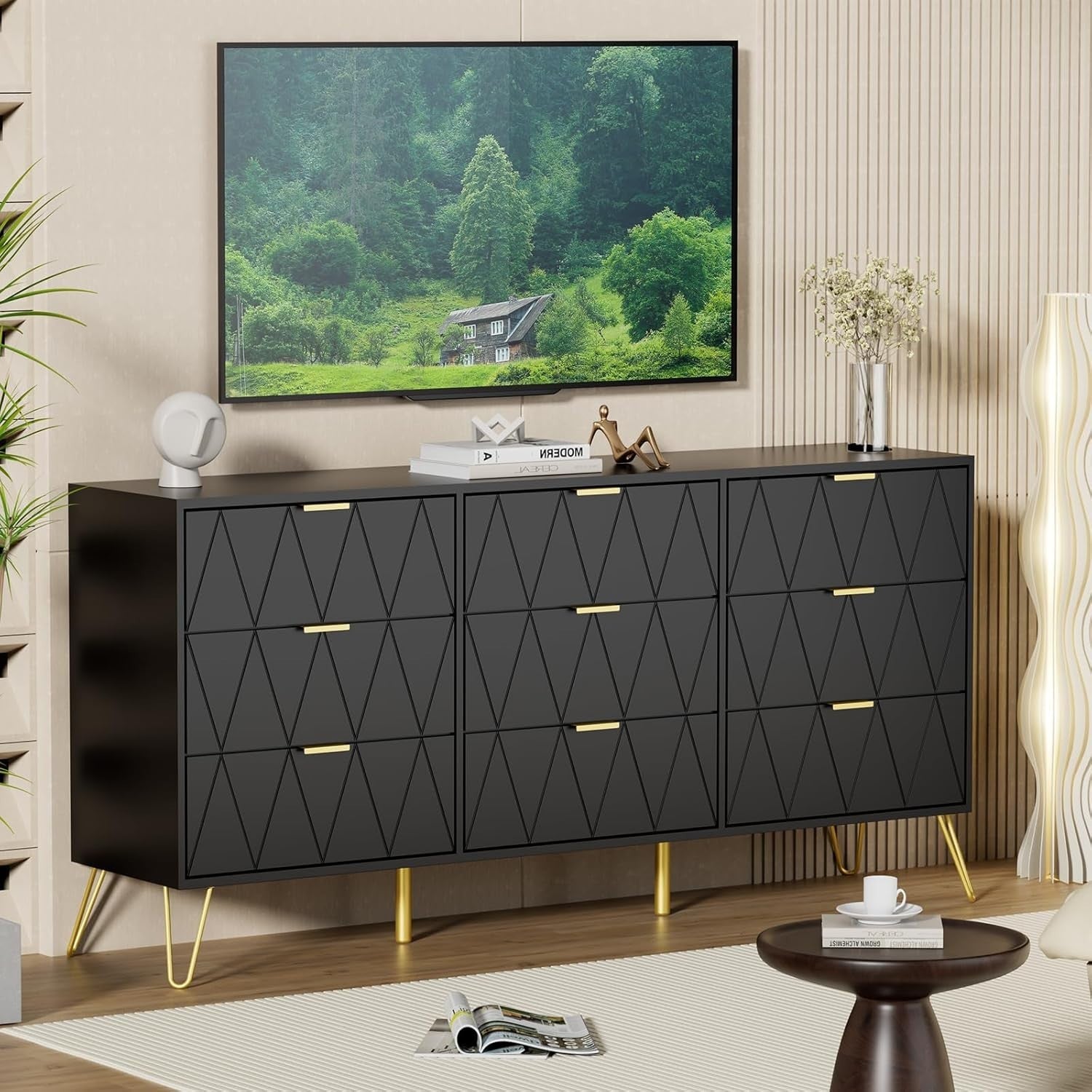 Black 9 Drawer Chest of Drawers Wide Modern Dresser Cabinet for Bedroom
