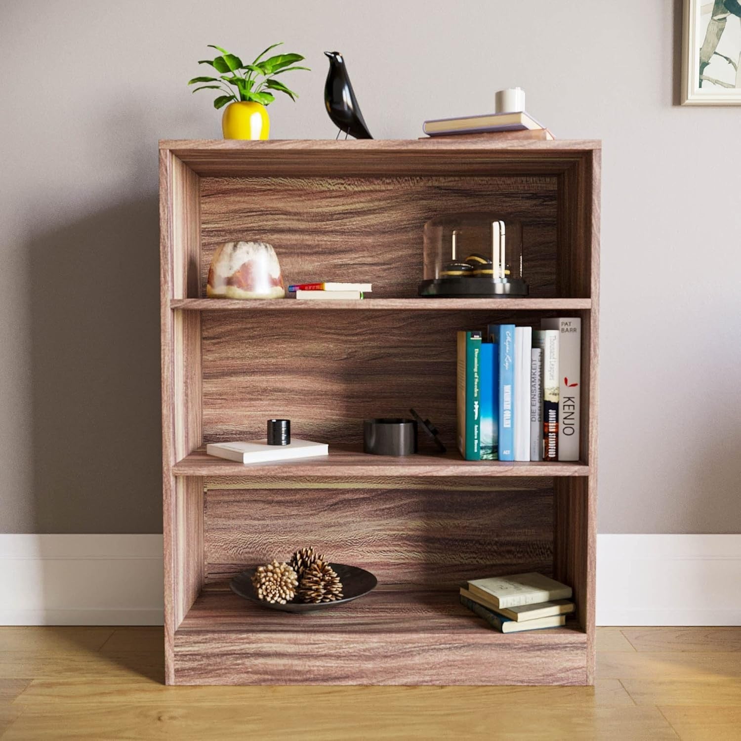 3 Tier Walnut Wooden Bookcase Modern Storage Display Shelf for Living Room Low