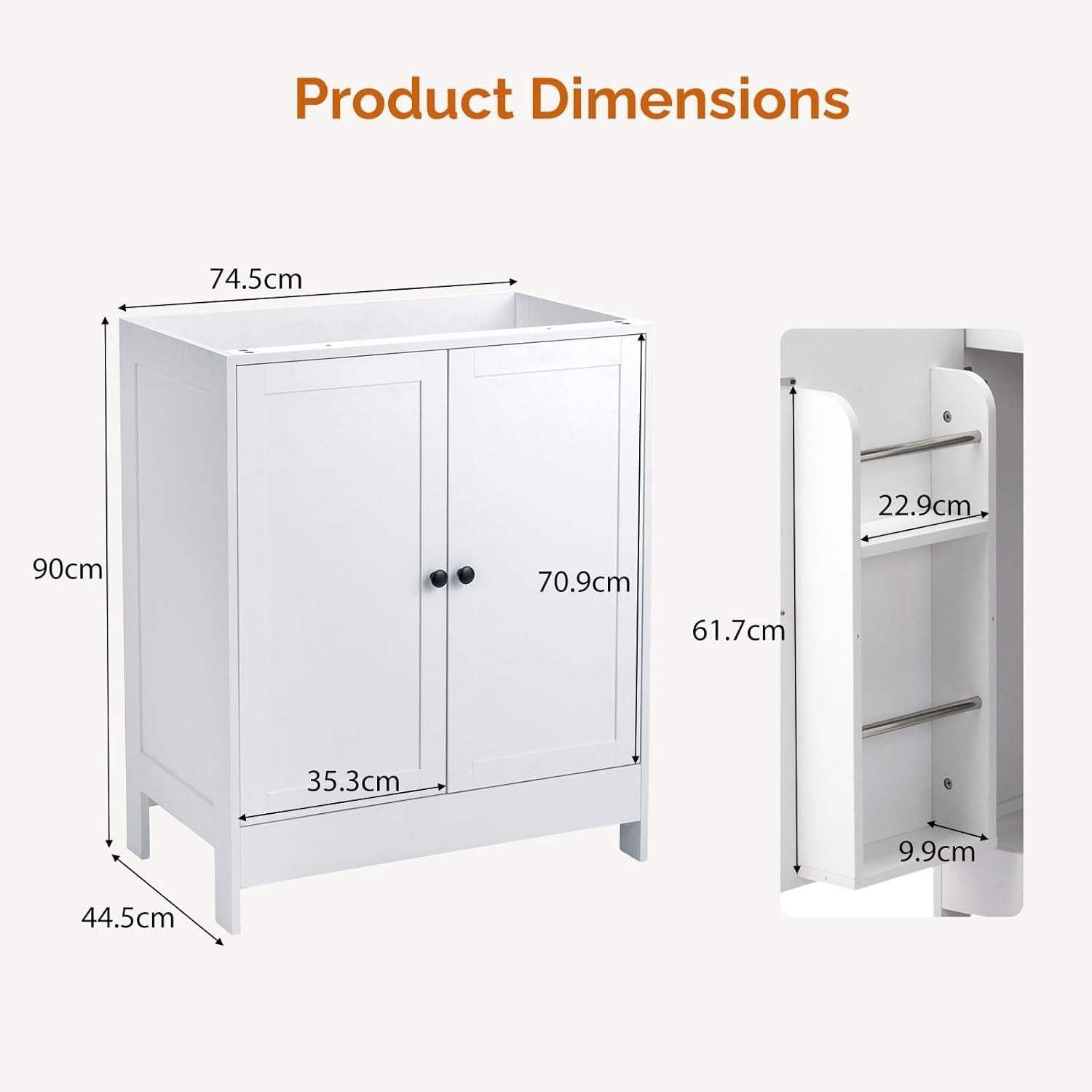 Large White Under Sink Bathroom Cabinet | 61x45x85cm Wooden Storage Unit