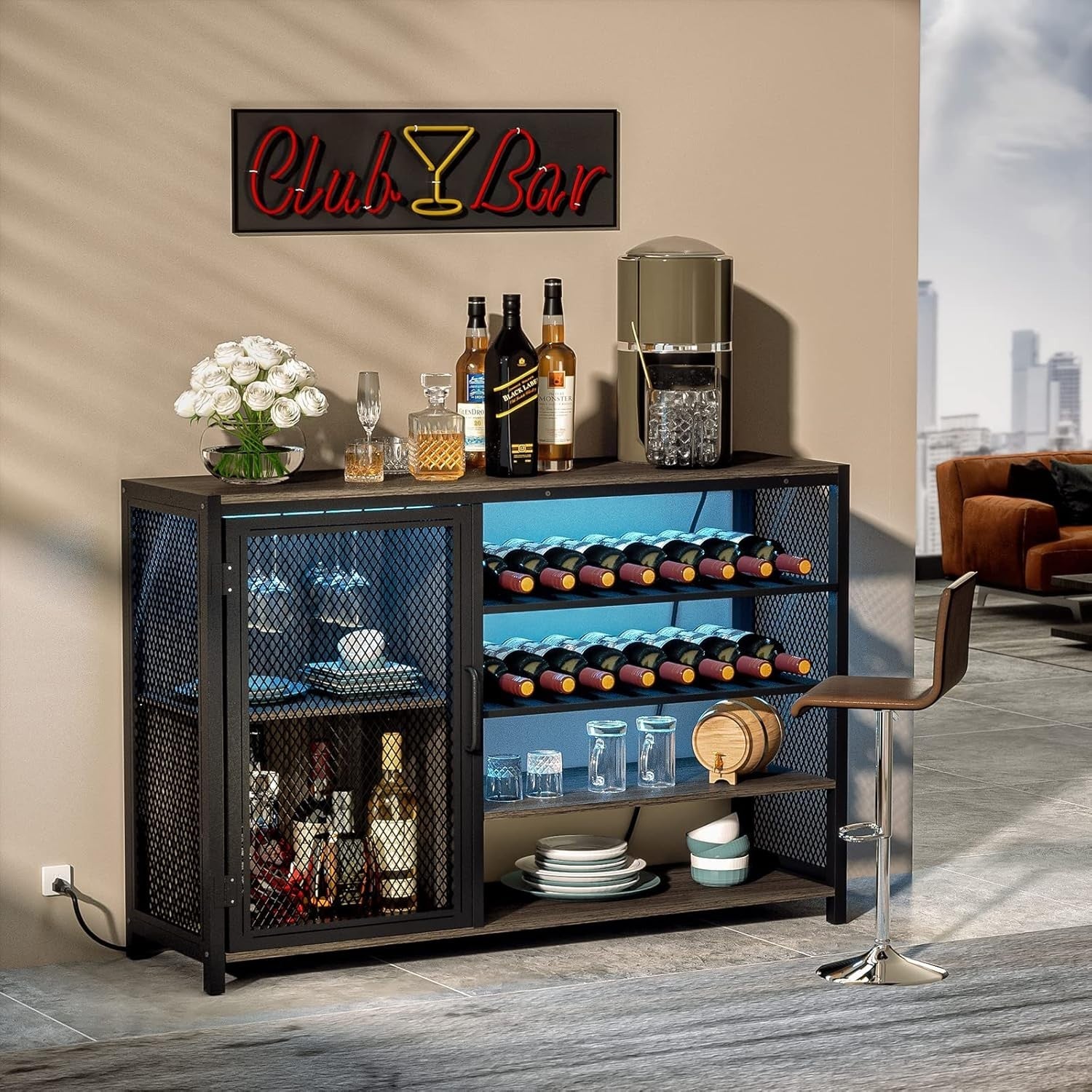 LED Home Bar Cabinet with Power Outlets, Wine Rack & Glass Holder