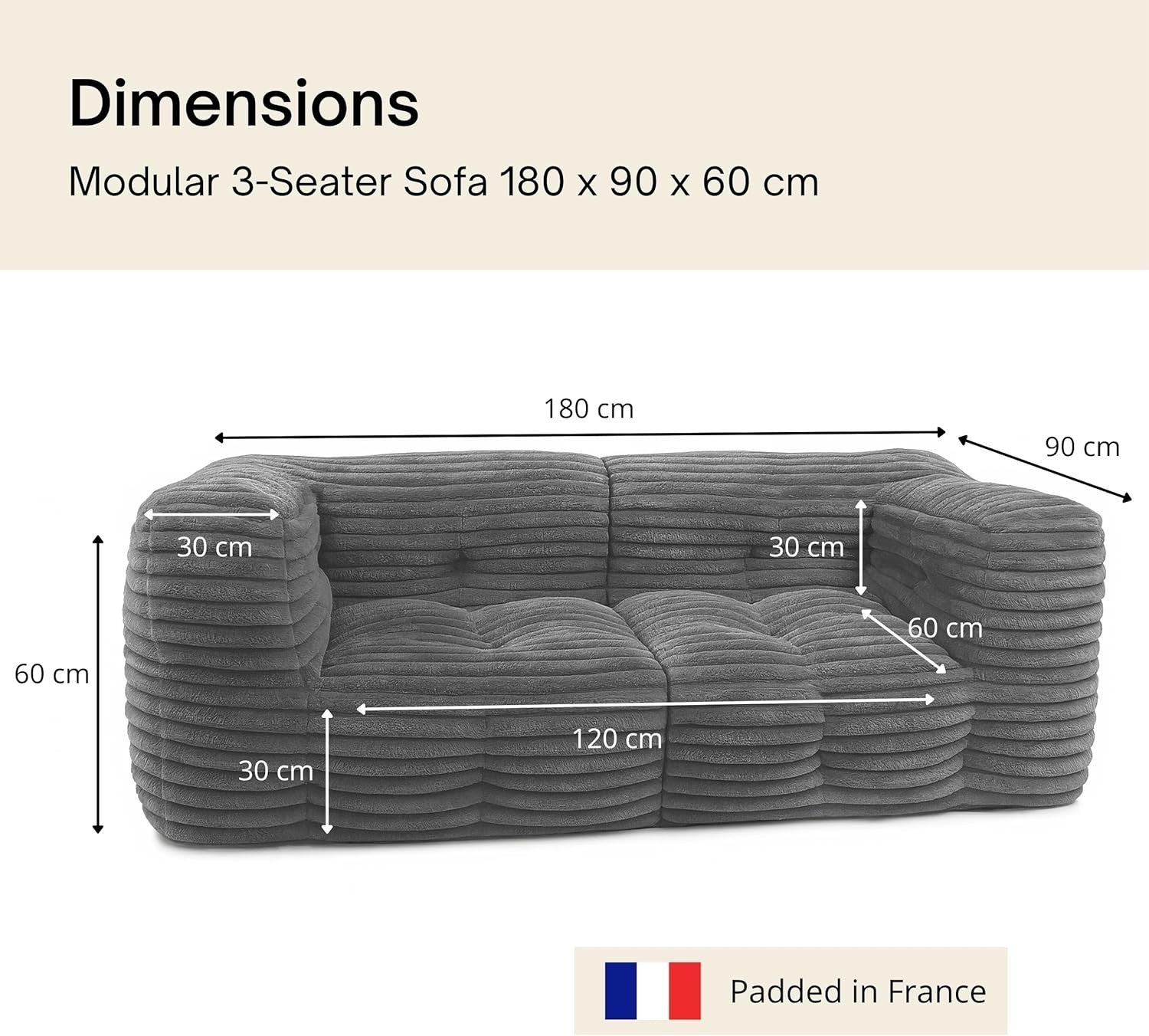 Modular 3 Seater Sofa Ribbed Faux Fur Detachable Bean Bags Soft & Plush