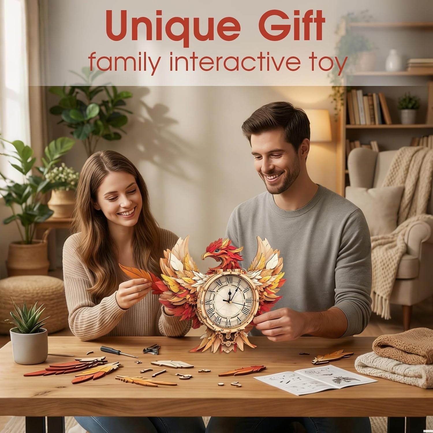 3D Phoenix Wall Clock Puzzle Wooden Pendulum DIY Home Decor Gift