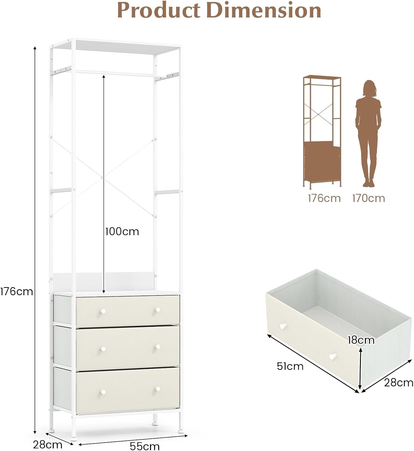 Clothes Rail 3 Drawers Freestanding Wardrobe Rack White