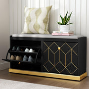 Black Shoe Bench with Cushion & Flip Drawer Hallway Storage 99.6x27.2x49.5cm