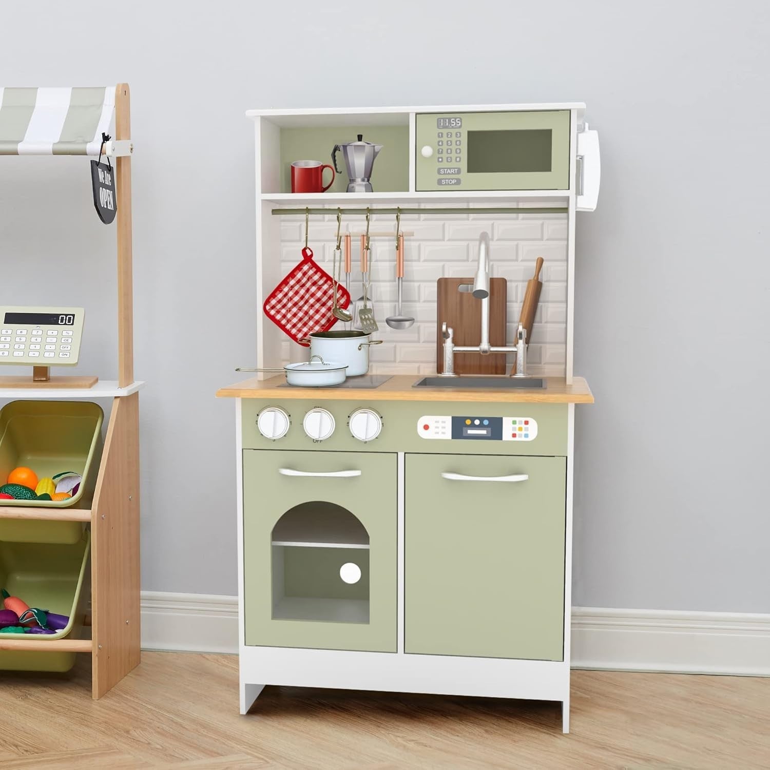 Wooden Kids Play Kitchen Farmhouse Toy Set Accessories Light Green