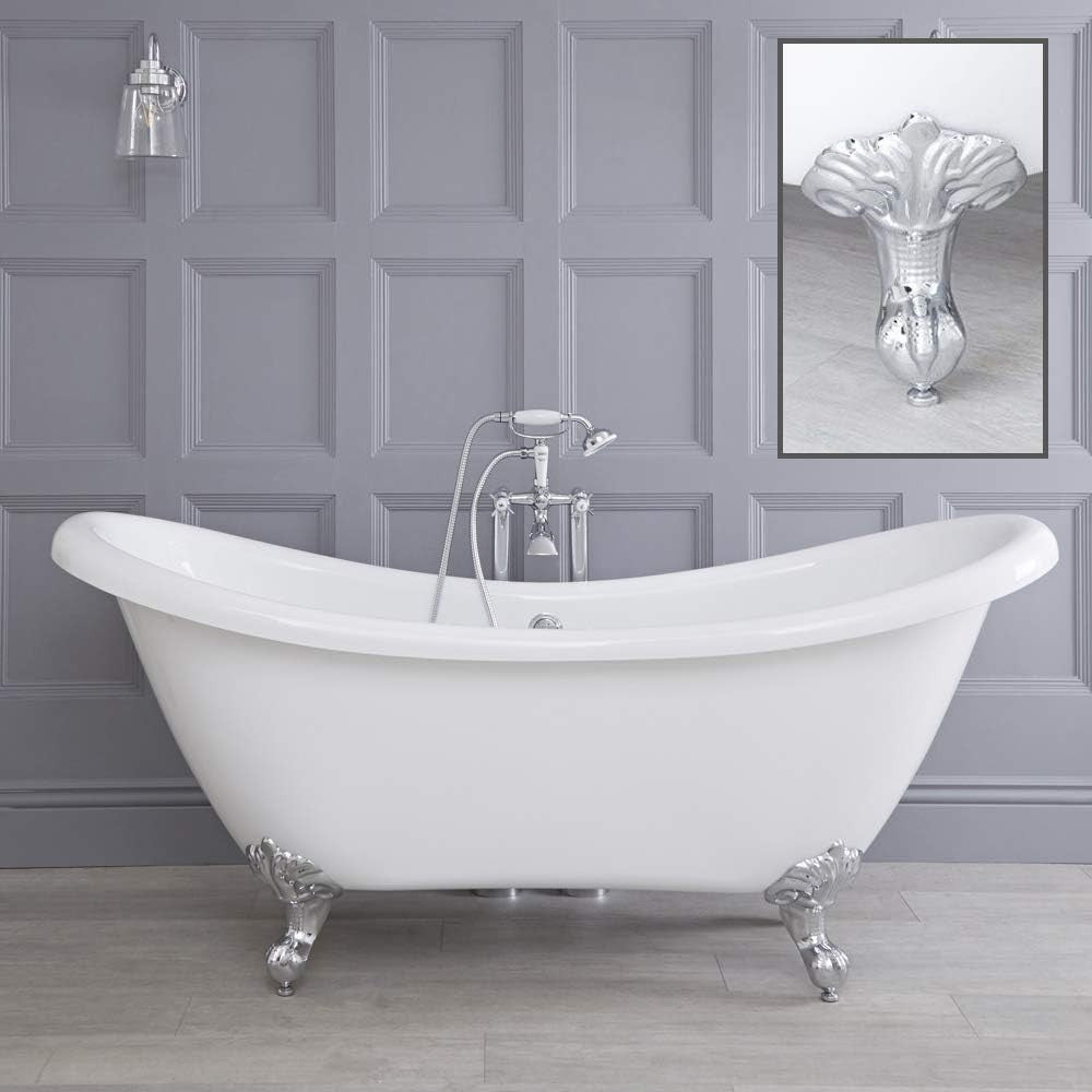 White Double Ended Freestanding Slipper Bath 1750x730mm Chrome Claw Feet