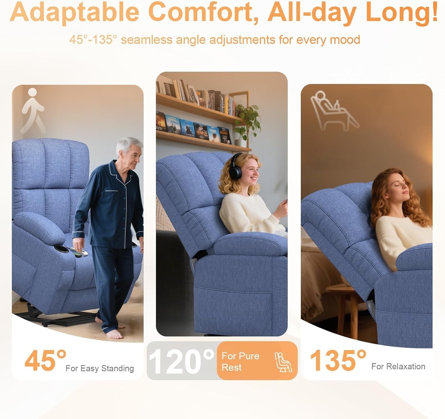 Blue Lift Recliner Chair Elderly Massage Heat USB Cup Holders Extended Footrest