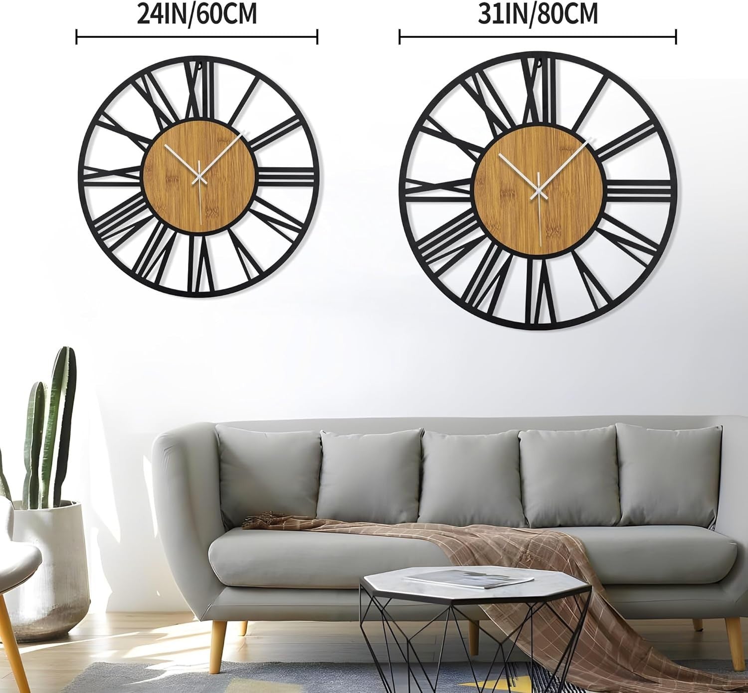 80cm Extra Large Wall Clock Silent Black Roman Wood Modern Farmhouse Decor
