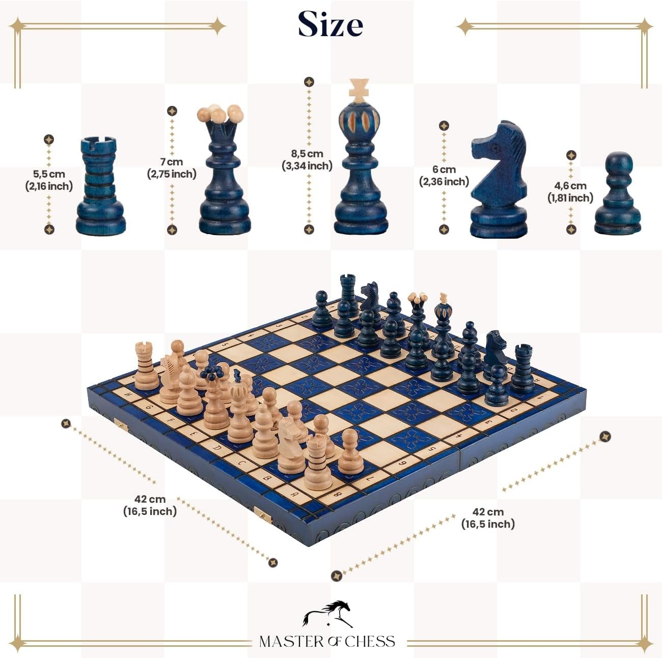 Luxury 42cm Wooden Chess Set XL | Handcrafted Blue Board & Pieces | Premium Gift