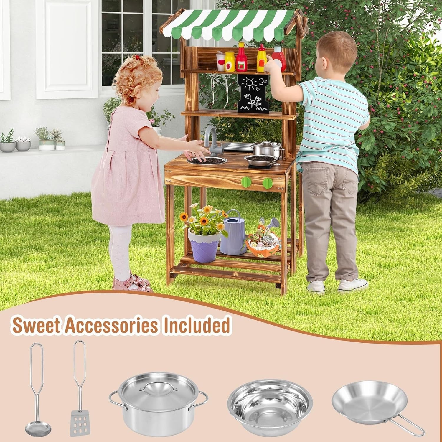 Kids Mud Kitchen BBQ Playset Canopy Chalkboard Wooden Toy