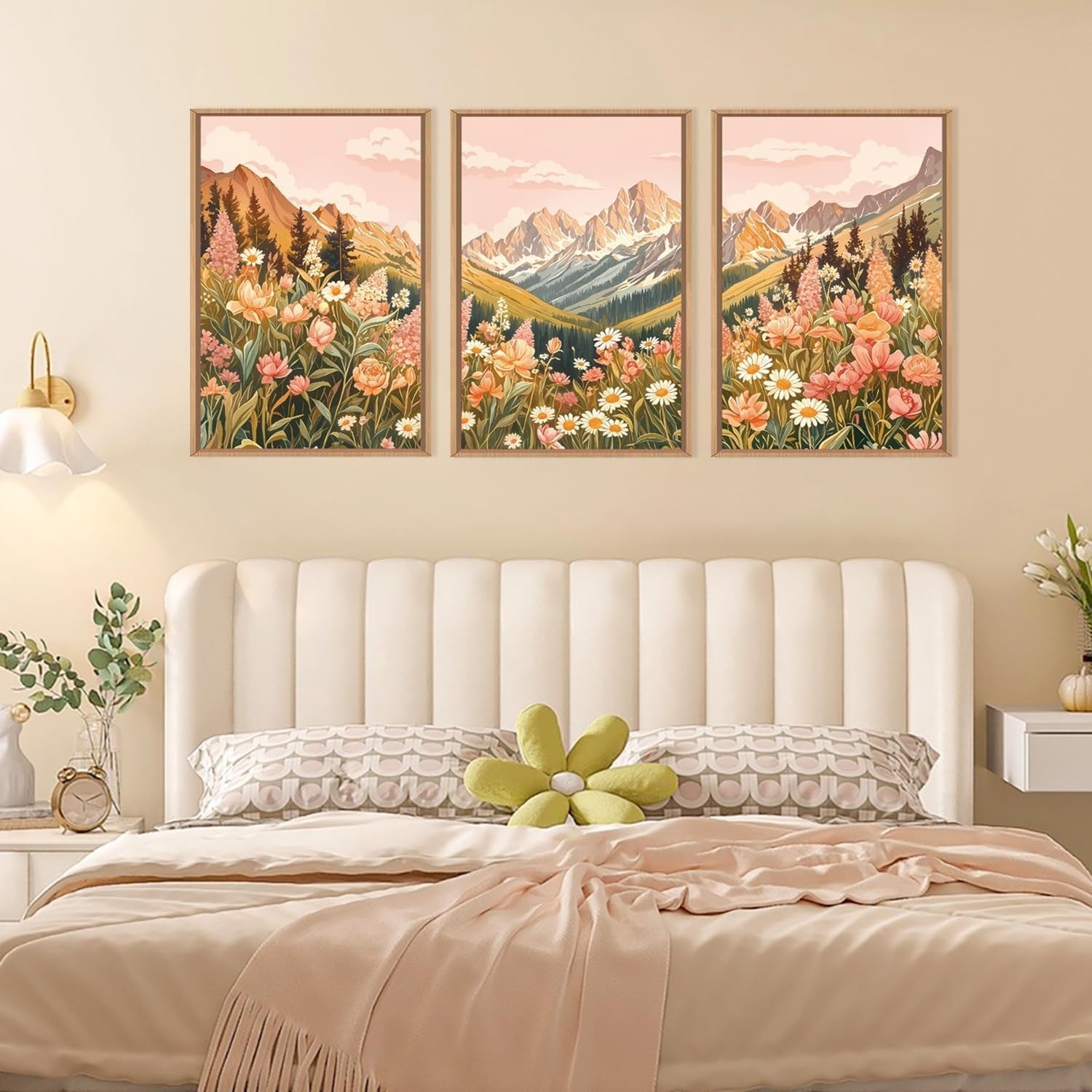 Abstract Floral Mountain Framed Canvas Wall Art Set 3 Boho Nature Decor