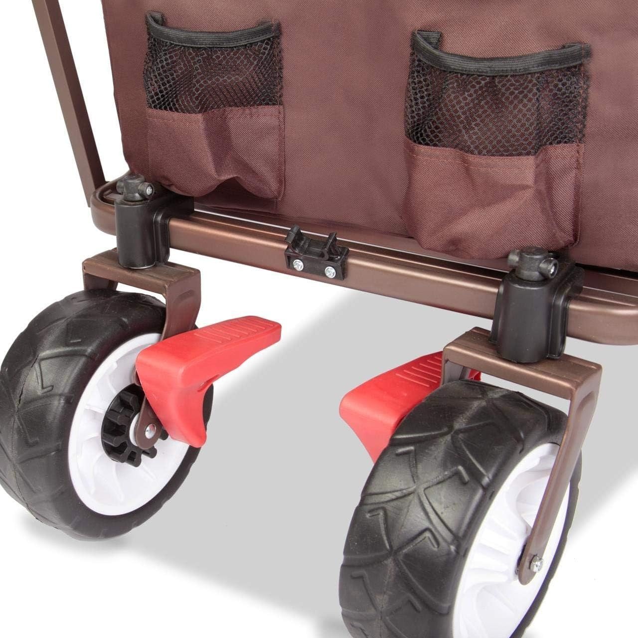 Brown Folding Wagon w/ Canopy Compact Pull Cart Garden Trolley w/ Rear Bag