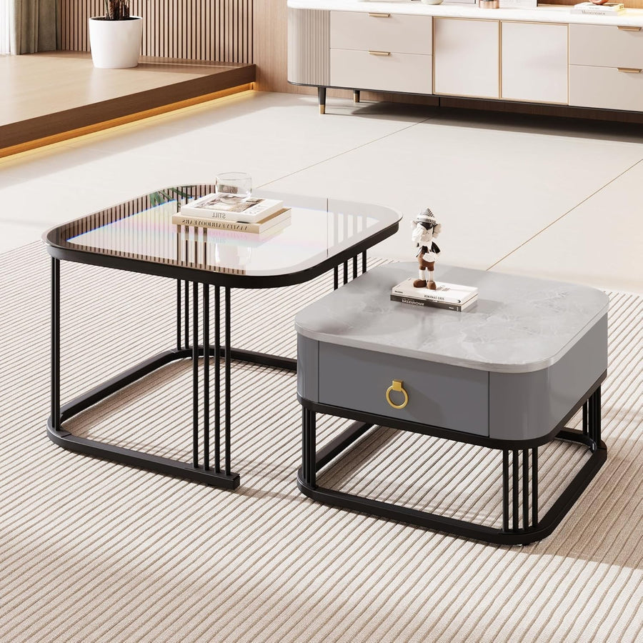 Modern Glass Nesting Coffee Table Set with Drawer – Marble & Black Frame