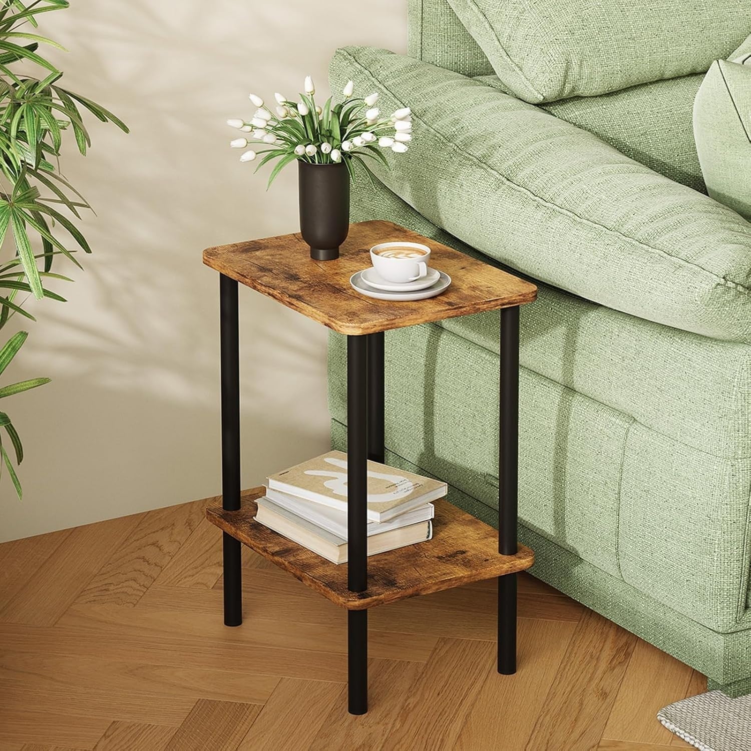 2x Slim Bedside Tables with Shelf – Small End Table Set for Living Room/Bedroom