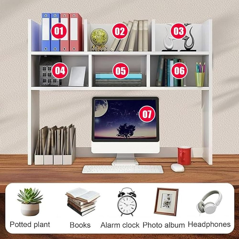 White 7-Cubby Desk Hutch Organizer Desktop Bookshelf for Dorm Office 80×20×80cm