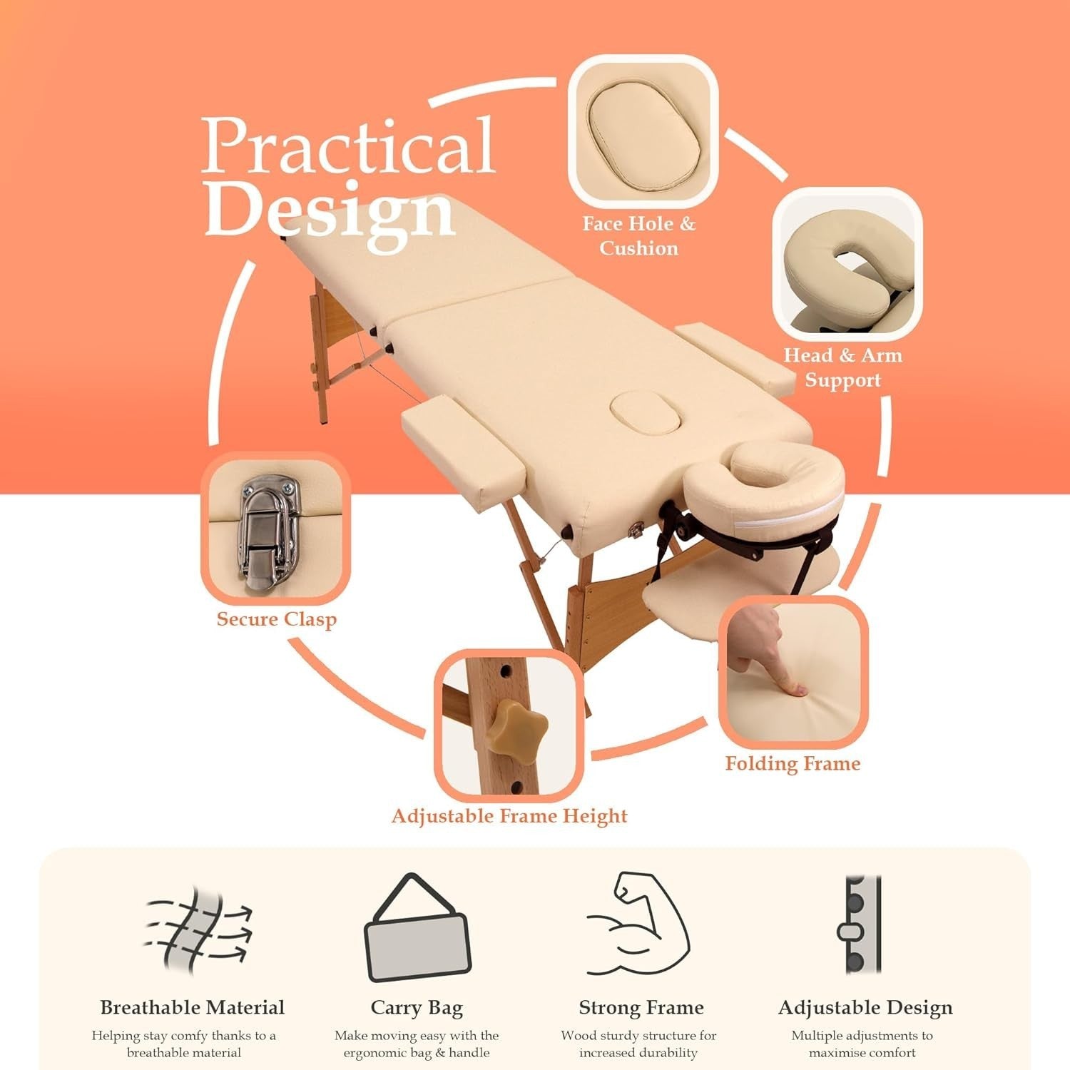 Portable Massage Table 2-Section Wooden Folding Beauty Therapy Couch Ivory