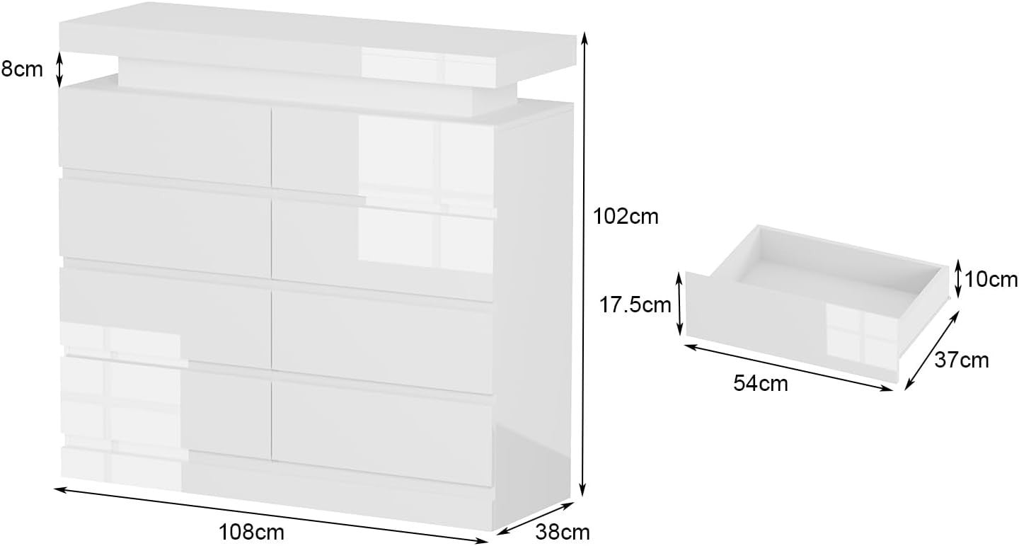 White Gloss Chest 8 Drawers with RGB LED Lights Storage Cabinet Modern