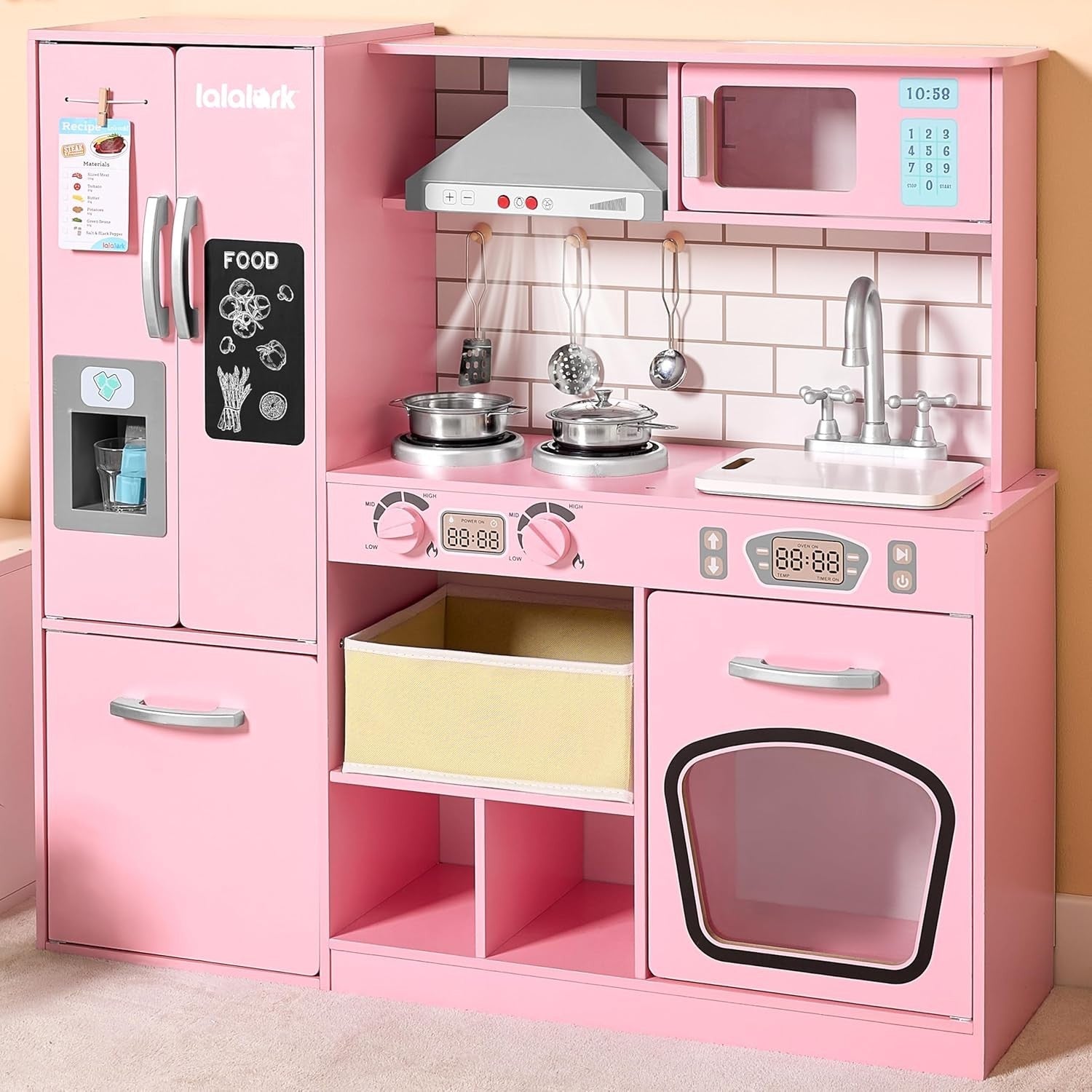 Large Wooden Kids Play Kitchen w/ Lights Sounds Ice Maker Pink